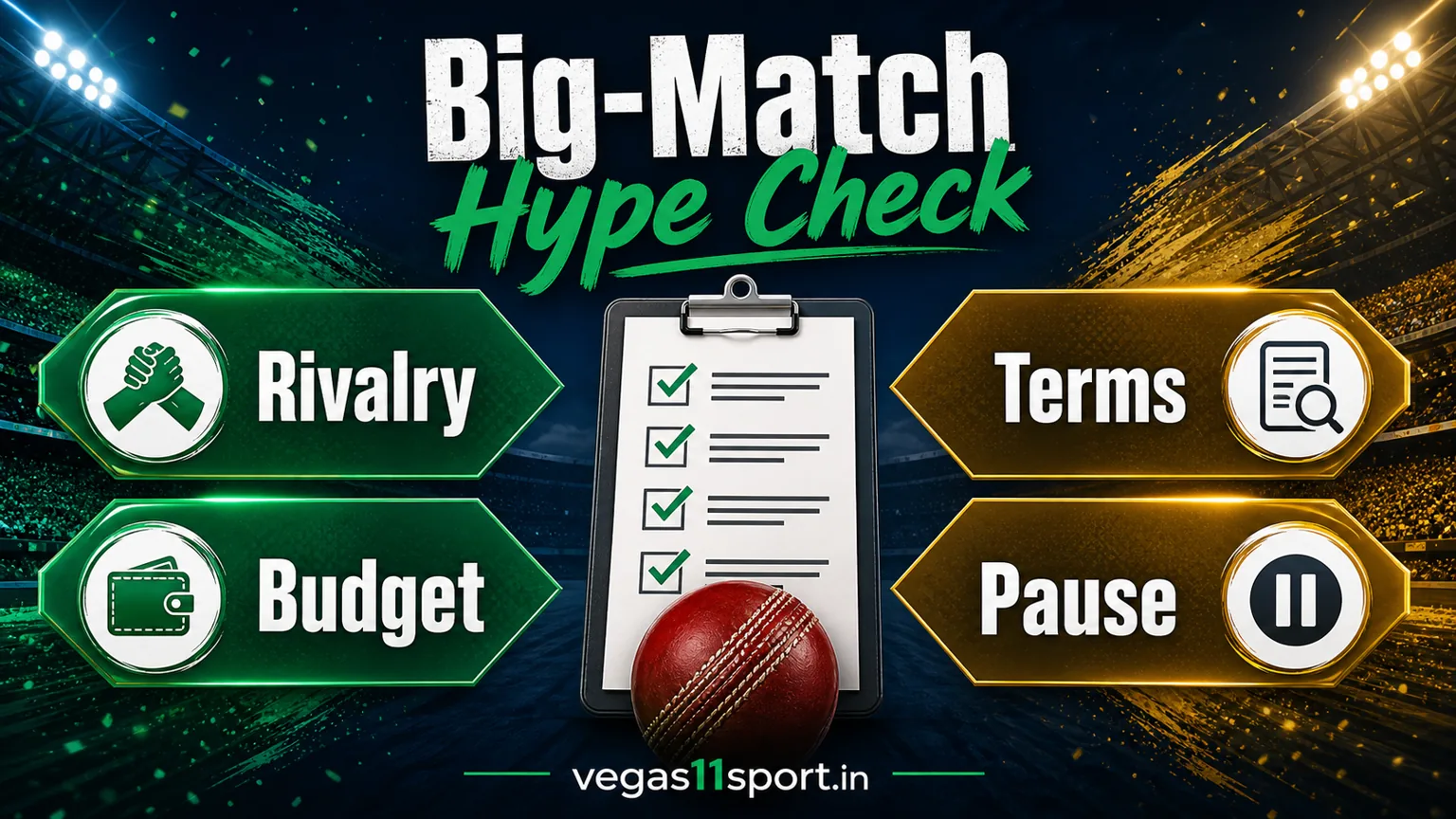 Vegas11 Sport illustration showing Rivalry, Terms, Budget, and Pause checks for IPL specials.