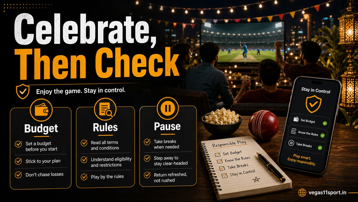 Vegas11 Sport illustration reminding fans to check budget, rules, and pause before IPL festival offers.