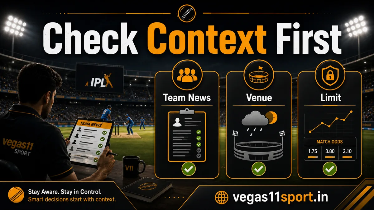 Vegas11 Sport illustration reminding readers to check team news, venue, and limit before using IPL odds data.