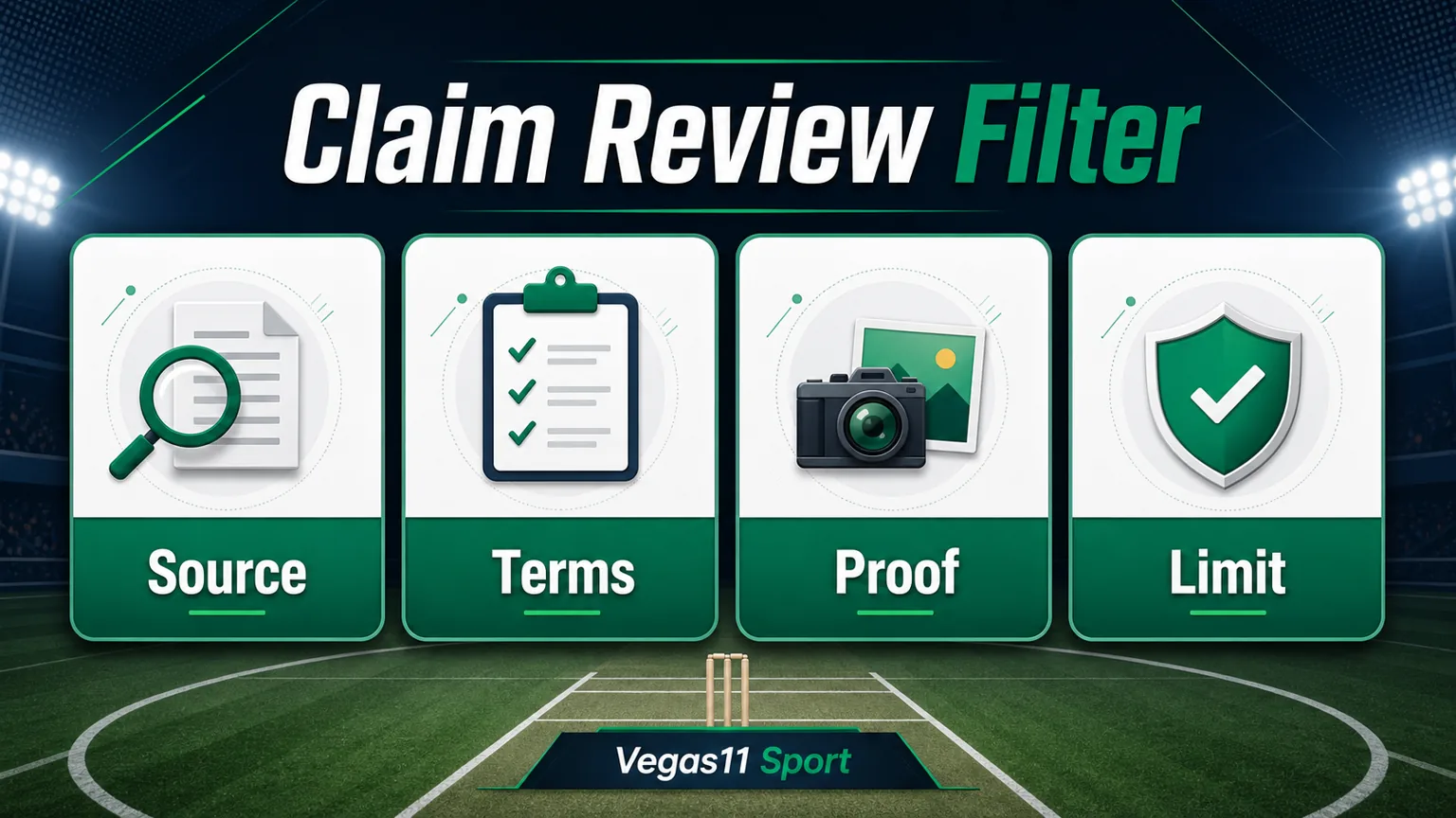 Vegas11 Sport illustration showing Source, Terms, Proof, and Limit checks for IPL prize stories.