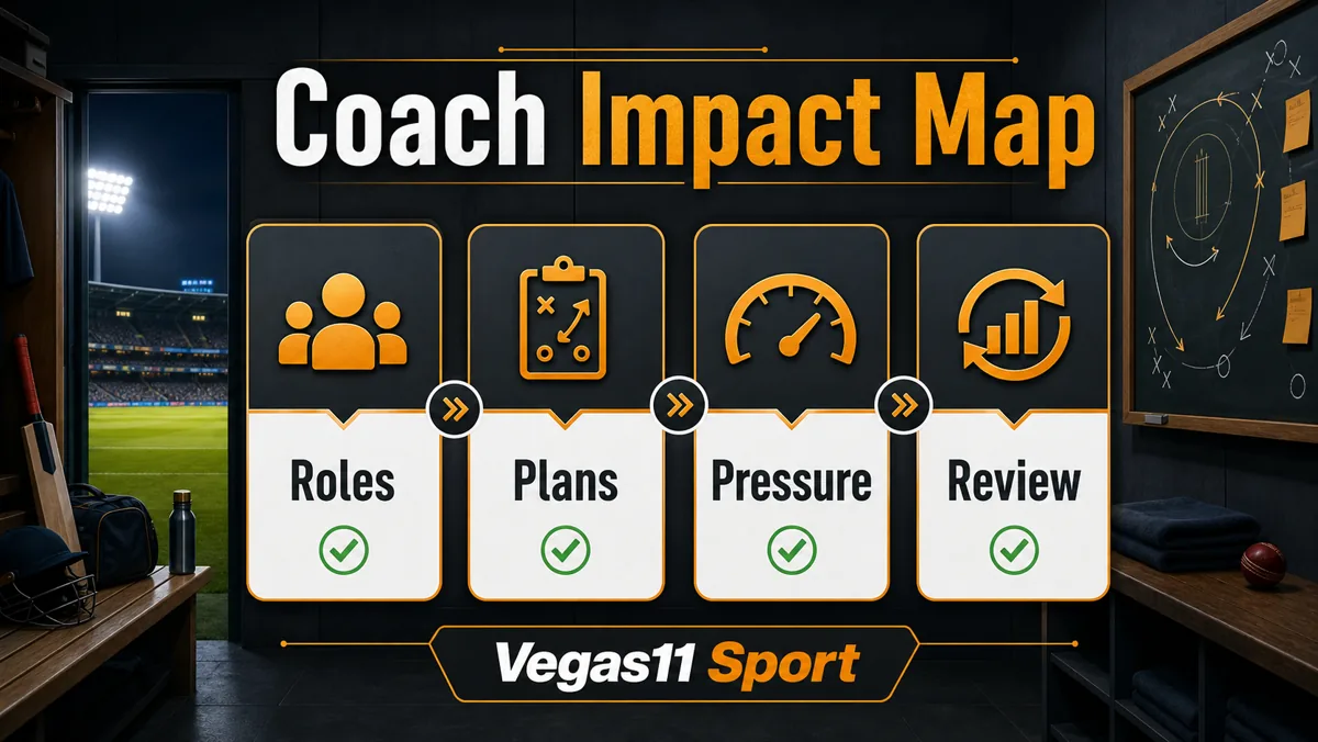 Vegas11 Sport illustration showing Roles, Plans, Pressure, and Review in IPL coaching.