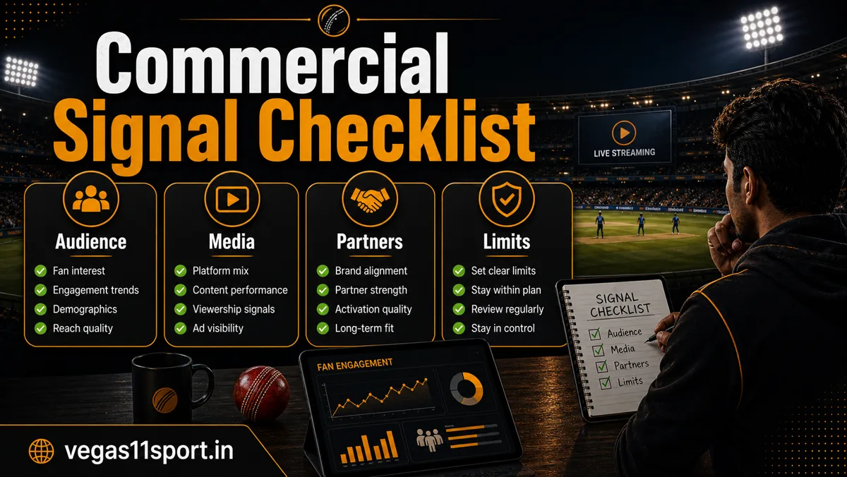 Vegas11 Sport illustration showing Audience, Media, Partners, and Limits checks for IPL business news.