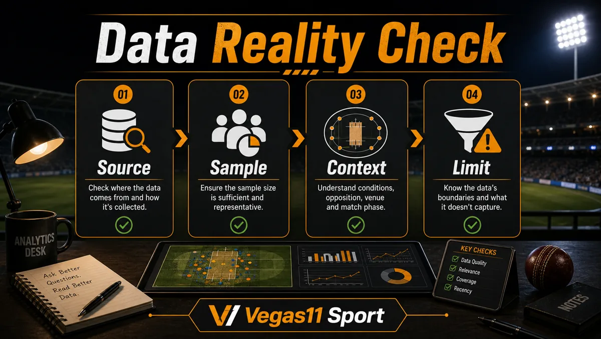 Vegas11 Sport illustration showing Source, Sample, Context, and Limit checks for IPL data.