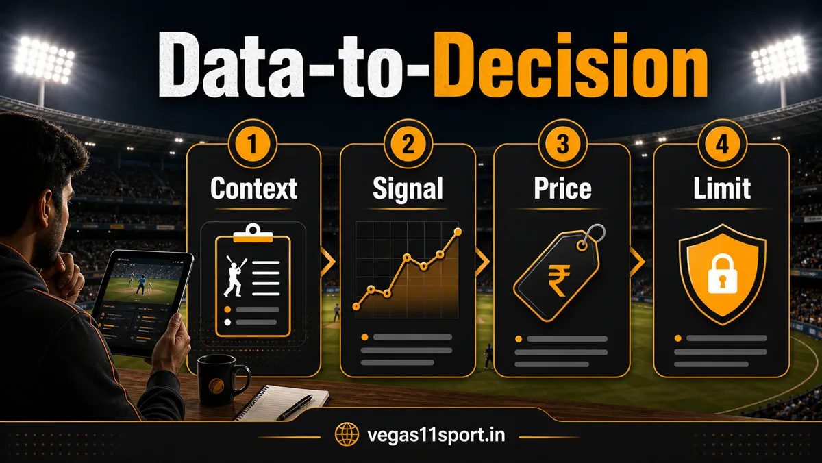 Vegas11 Sport illustration showing Context, Signal, Price, and Limit steps for IPL odds research.