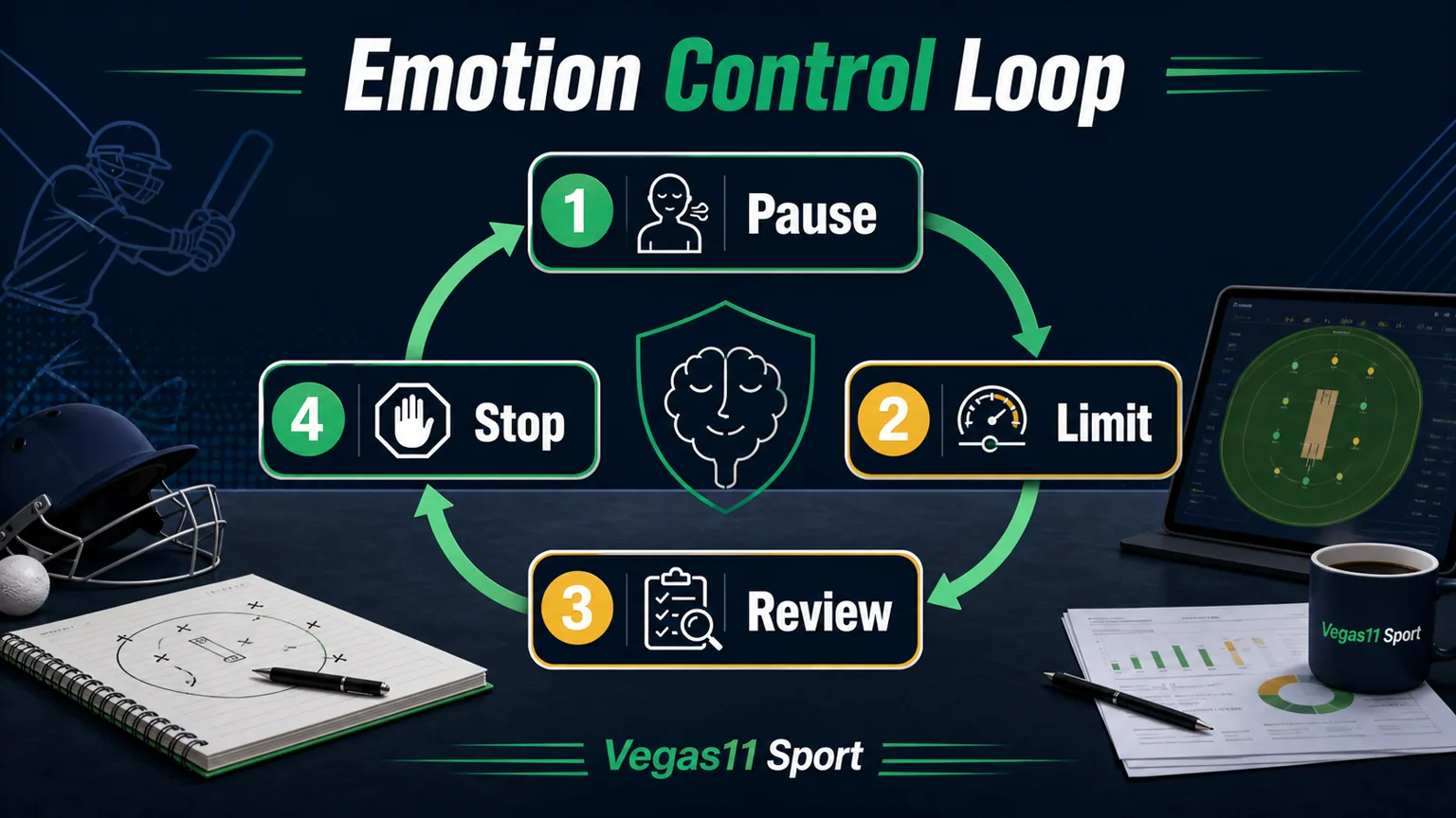 Vegas11 Sport illustration showing Pause, Limit, Review, and Stop checks for IPL betting psychology.