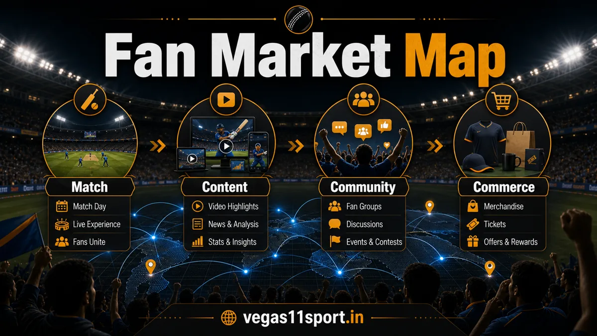 Vegas11 Sport illustration showing Match, Content, Community, and Commerce stages in IPL fan markets.