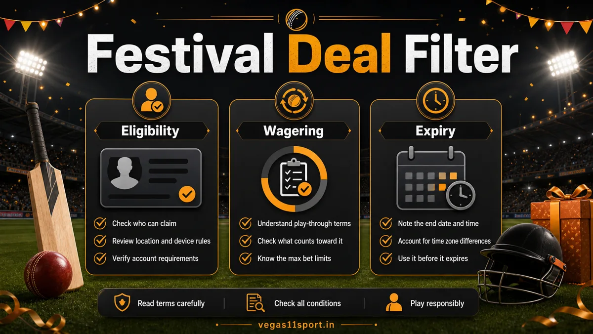 Vegas11 Sport illustration showing eligibility, wagering, and expiry checks for IPL festival deals.