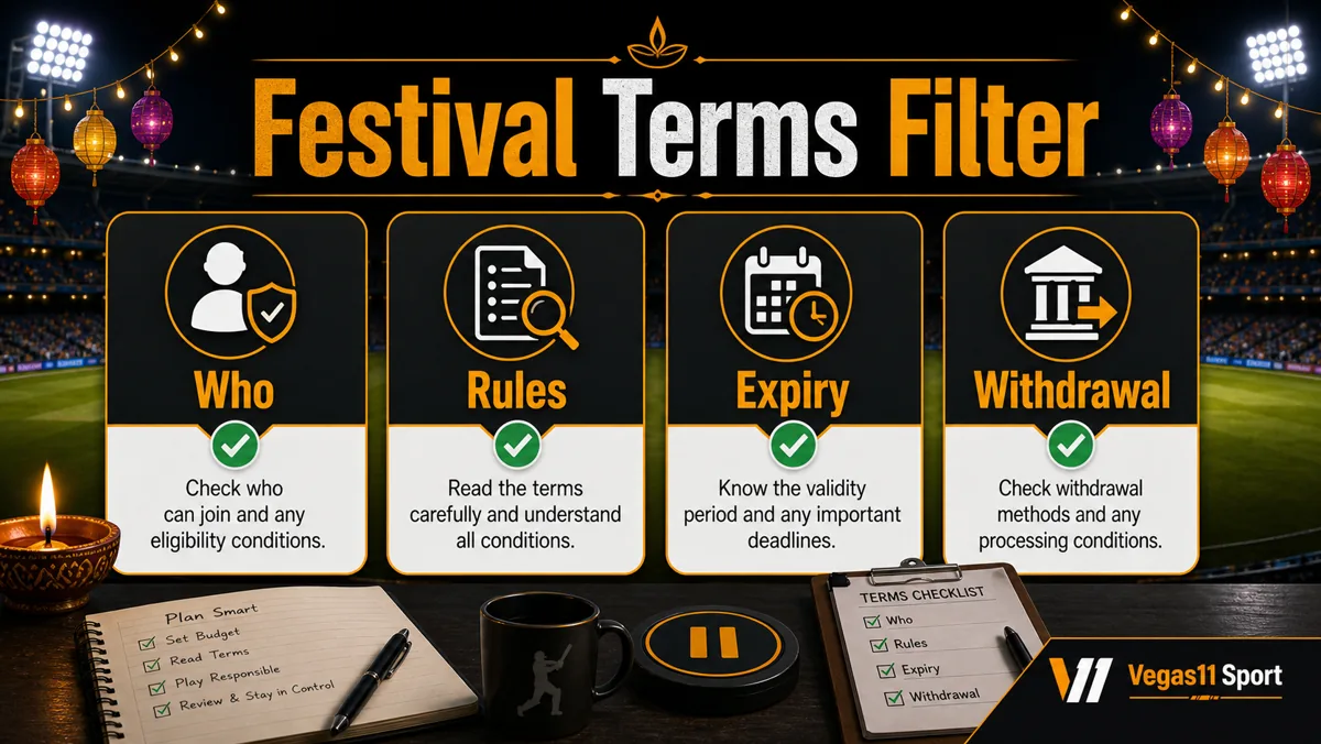 Vegas11 Sport illustration showing Who, Rules, Expiry, and Withdrawal checks for IPL festival specials.