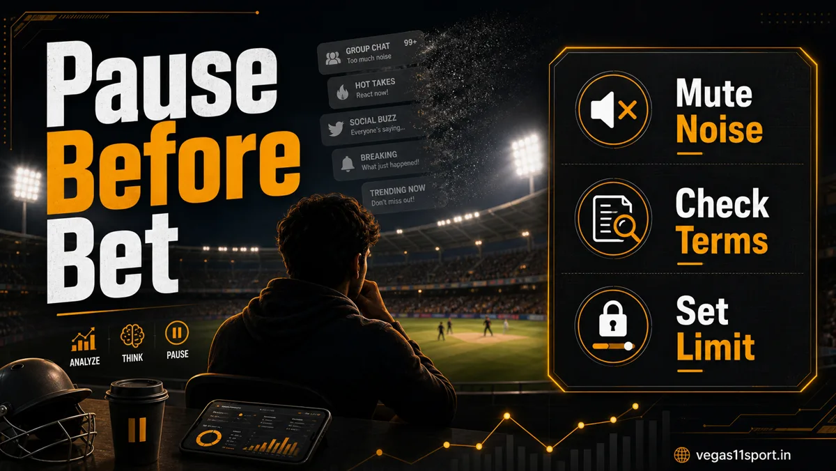 Vegas11 Sport illustration reminding IPL readers to mute noise, check terms, and set a limit before betting.