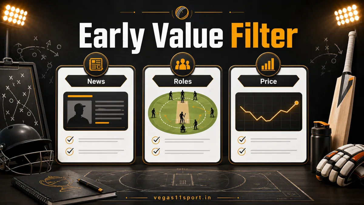 Vegas11 Sport early value filter graphic with news, roles, and price cards for IPL futures analysis.