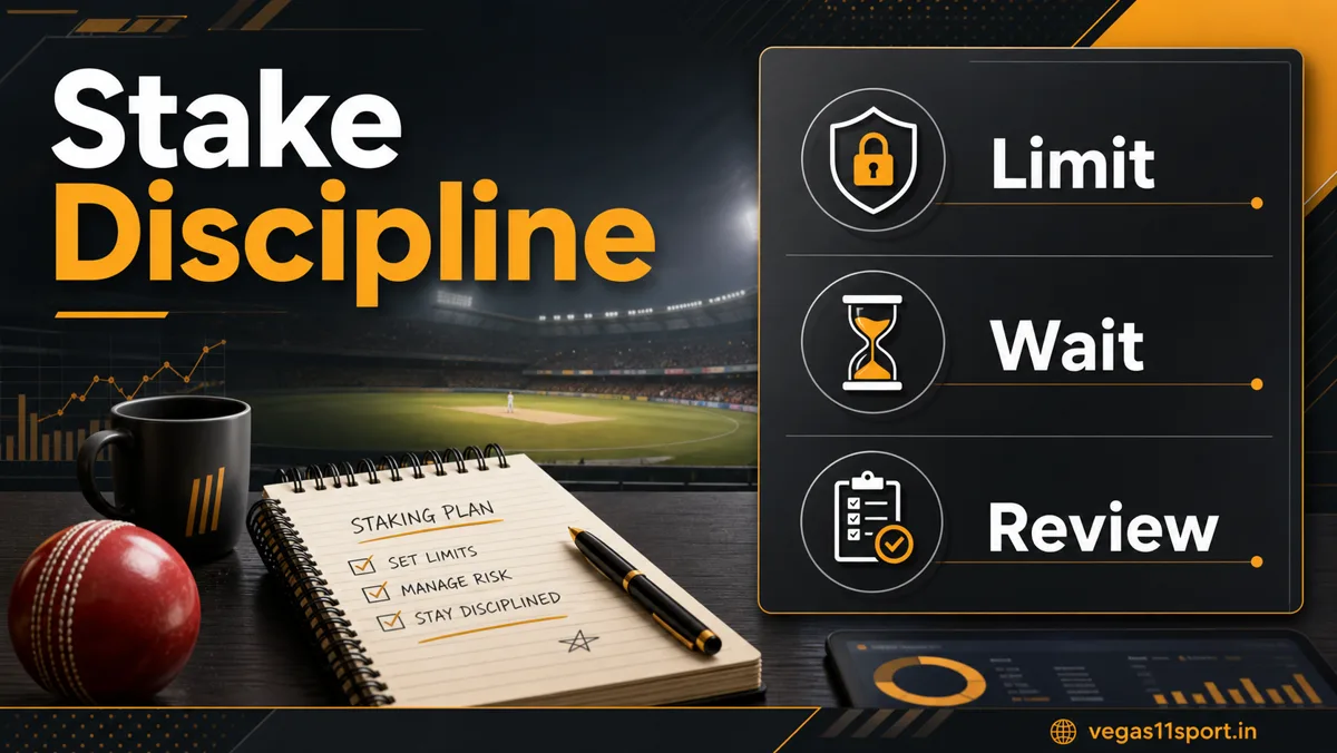 Vegas11 Sport stake discipline graphic showing limit, wait, and review steps for IPL futures betting.