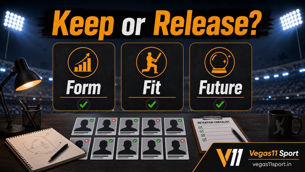 Vegas11 Sport illustration showing Form, Fit, and Future checks for IPL keep-or-release stories.