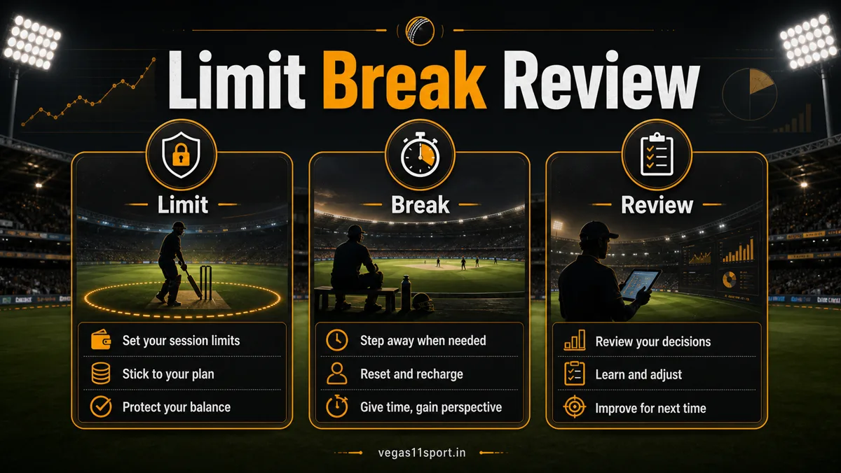 Vegas11 Sport illustration showing Limit, Break, and Review steps for risk-aware IPL gaming.