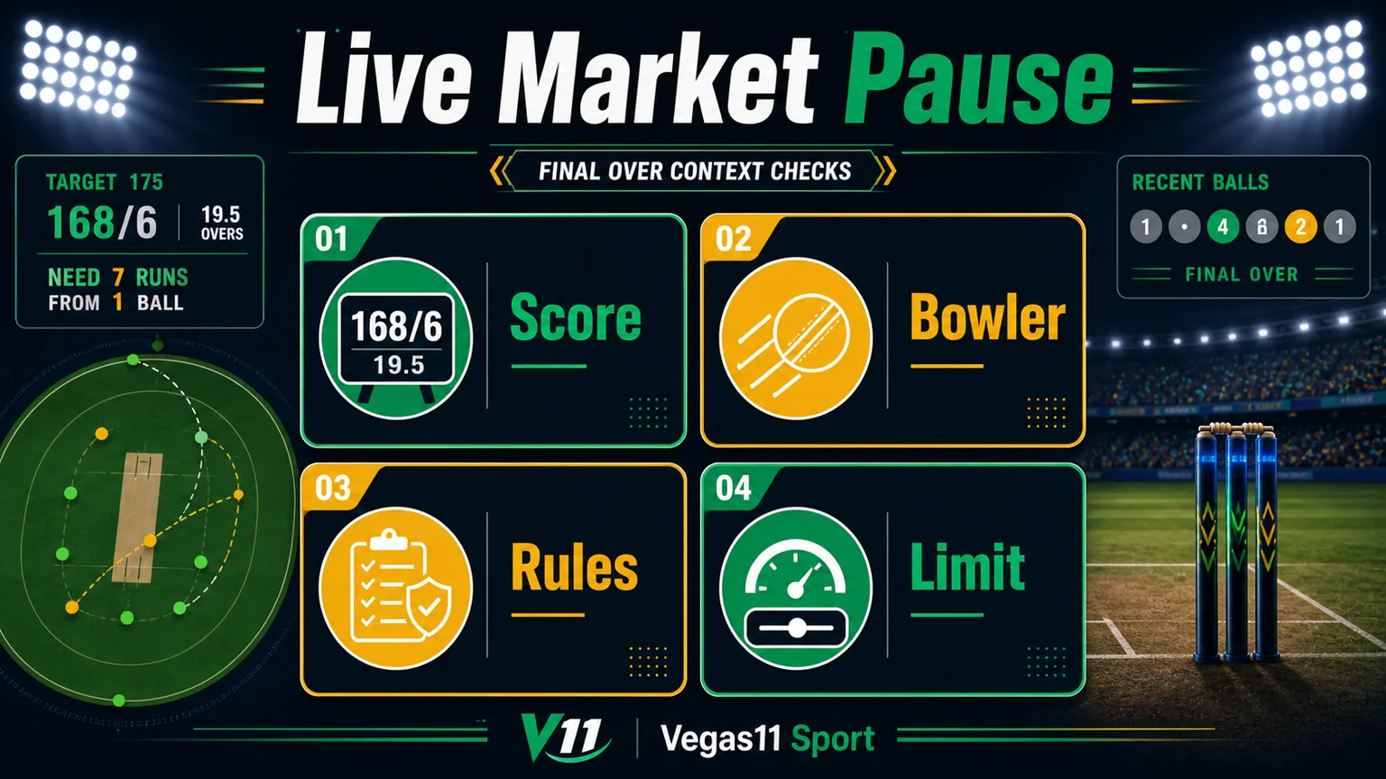 Vegas11 Sport illustration showing Score, Bowler, Rules, and Limit checks before an IPL final over.