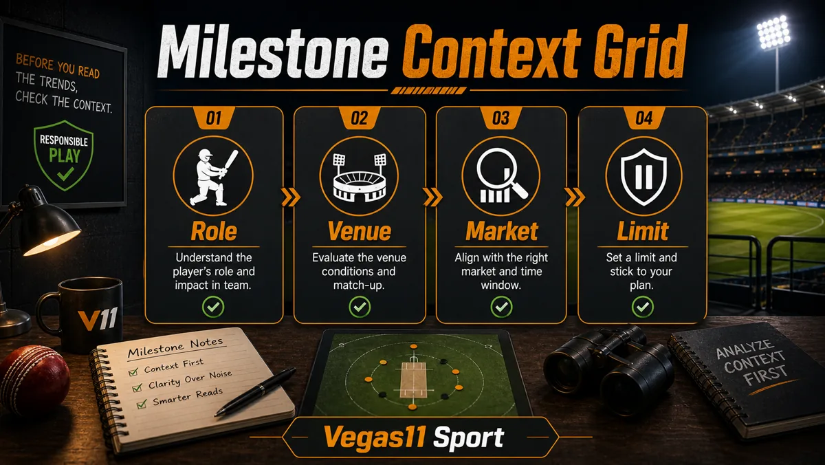 Vegas11 Sport illustration showing Role, Venue, Market, and Limit checks for IPL milestones.