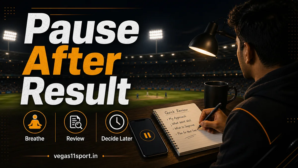 Vegas11 Sport illustration reminding readers to breathe, review, and decide later after an IPL betting result.