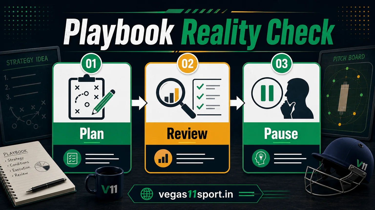 Vegas11 Sport illustration showing Plan, Review, and Pause steps for an IPL strategy checklist.