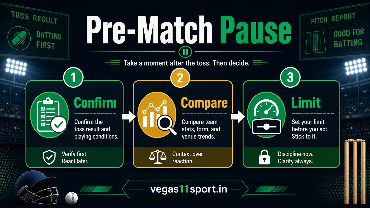 Vegas11 Sport illustration showing Confirm, Compare, and Limit checks before an IPL toss market.