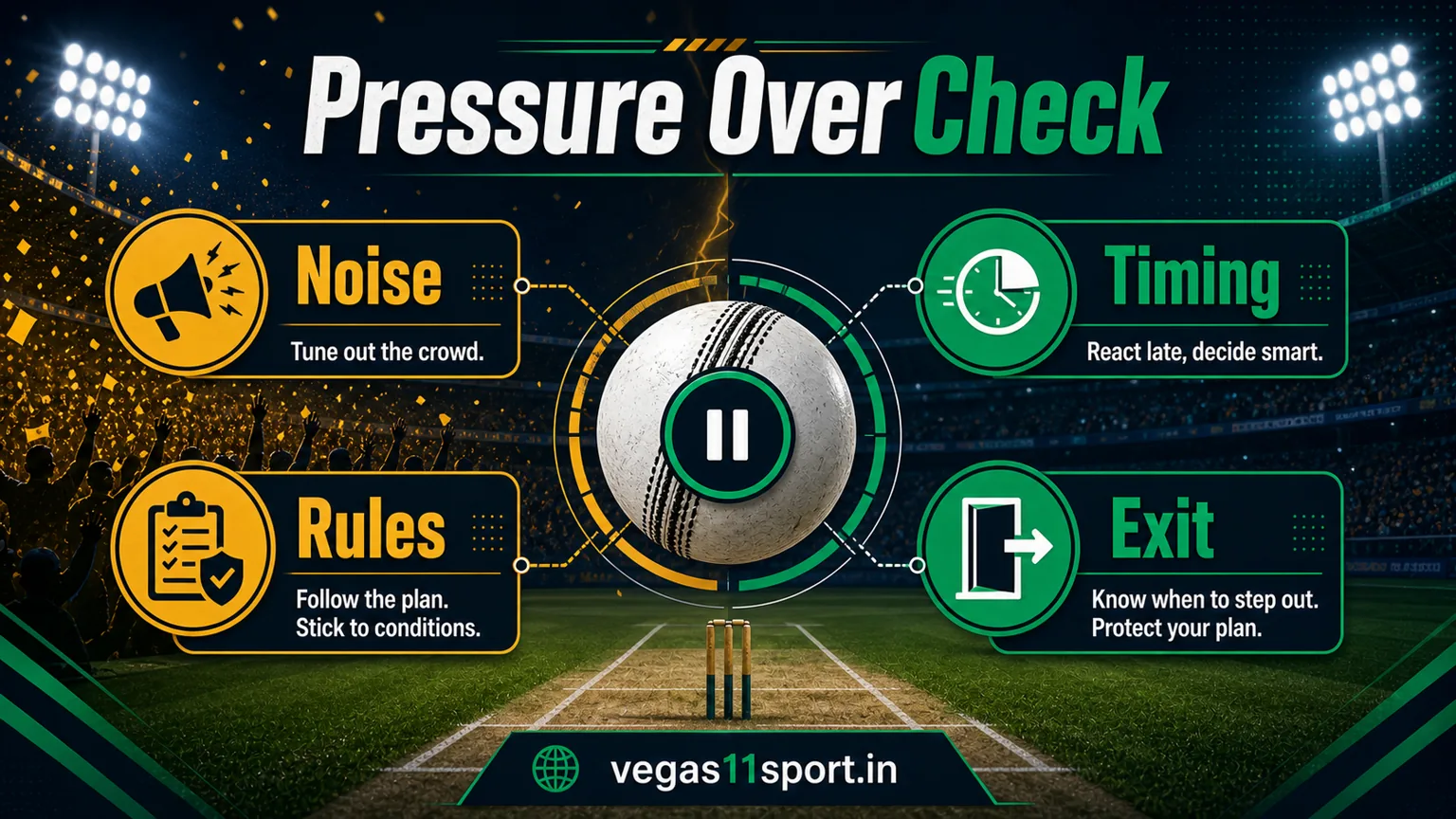 Vegas11 Sport illustration showing Noise, Timing, Rules, and Exit checks for IPL last-over betting.