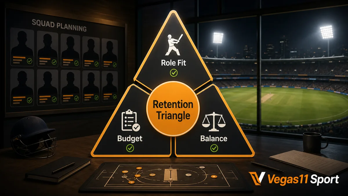 Vegas11 Sport illustration showing Role Fit, Budget, and Balance in IPL retention decisions.
