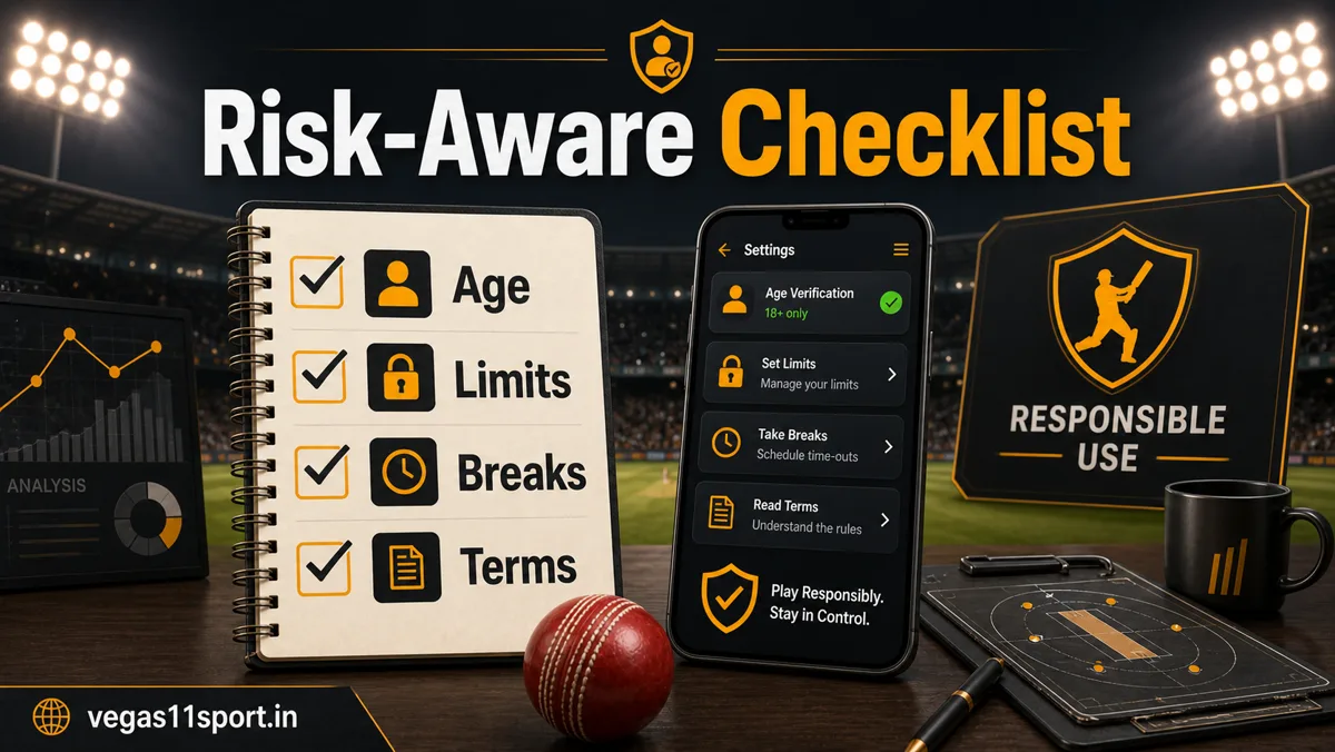 Vegas11 Sport illustration of a risk-aware IPL checklist covering age, limits, breaks, and terms.