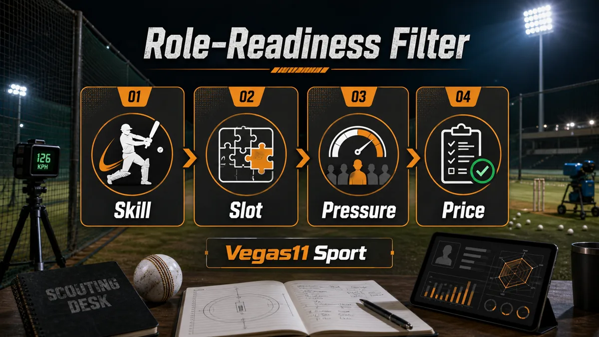 Vegas11 Sport illustration showing Skill, Slot, Pressure, and Price checks for IPL rising stars.