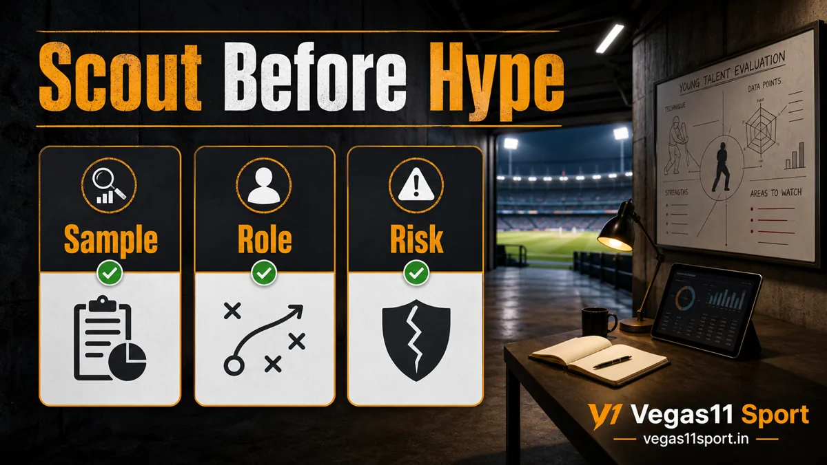Vegas11 Sport illustration showing Sample, Role, and Risk checks before IPL auction hype.