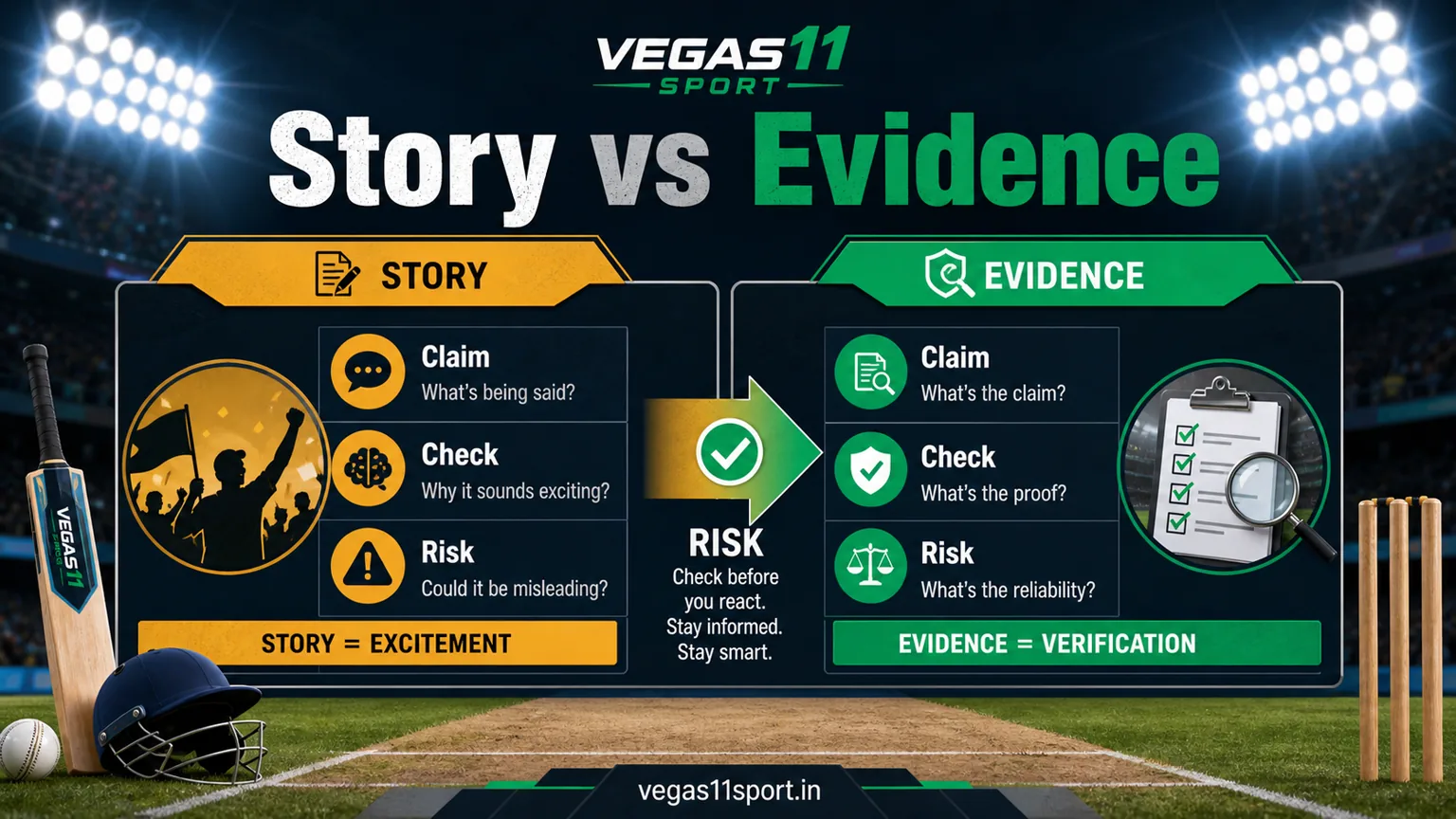 Vegas11 Sport illustration comparing Claim, Check, and Risk steps for IPL prize stories.