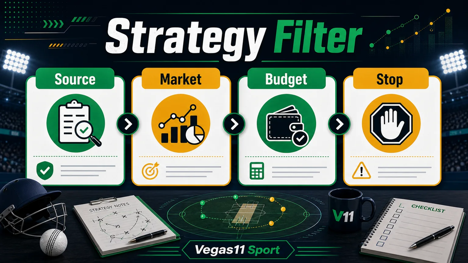 Vegas11 Sport illustration showing Source, Market, Budget, and Stop checks for IPL betting strategy.