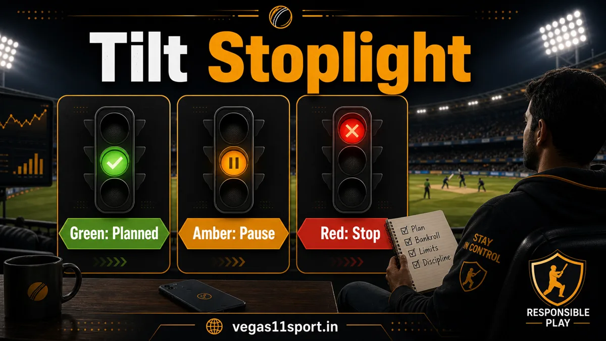 Vegas11 Sport illustration showing Green Planned, Amber Pause, and Red Stop for IPL betting psychology.