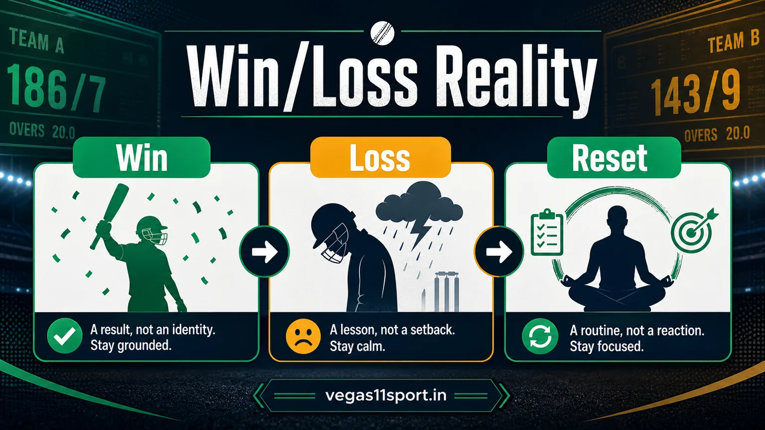 Vegas11 Sport illustration showing Win, Loss, and Reset checks for IPL betting psychology.