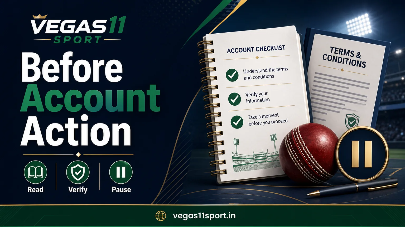 Vegas11 Sport illustration showing before account action steps for read, verify, and pause.