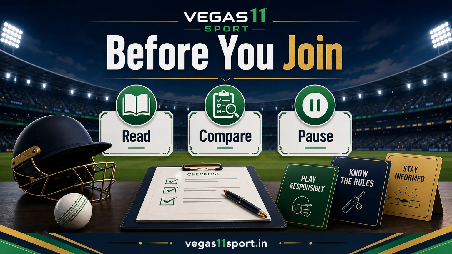 Vegas11 Sport illustration showing read, compare, and pause steps before joining an IPL offer.