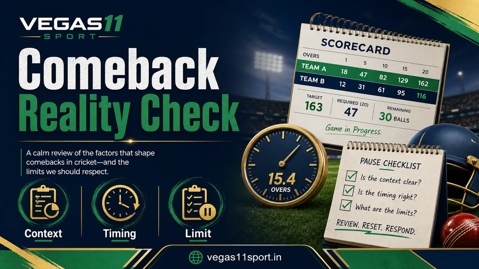Vegas11 Sport illustration showing a comeback reality check with context, timing, and limit cues.