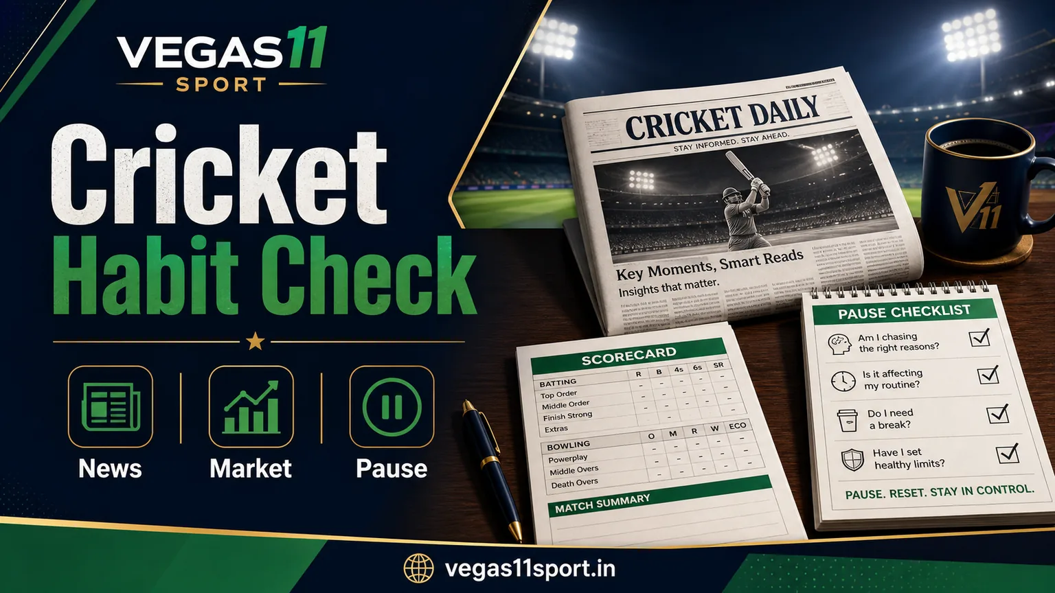 Vegas11 Sport illustration showing a cricket habit check with news, market, and pause cues.