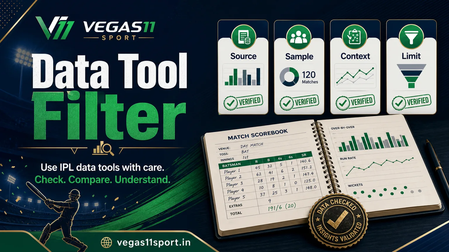 Vegas11 Sport illustration showing a data tool filter with source, sample, context, and limit cues.