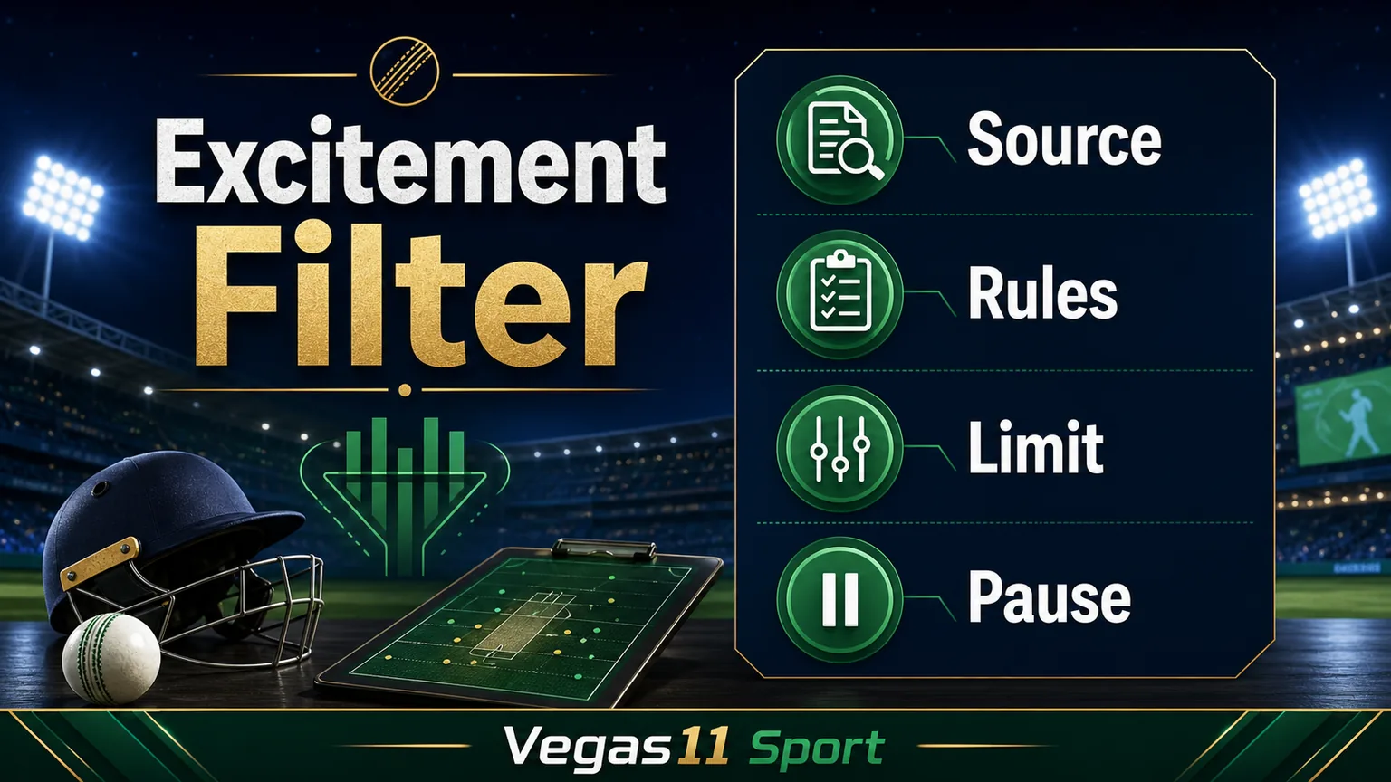 Vegas11 Sport illustration showing an excitement filter with source, rules, limit, and pause checkpoints.