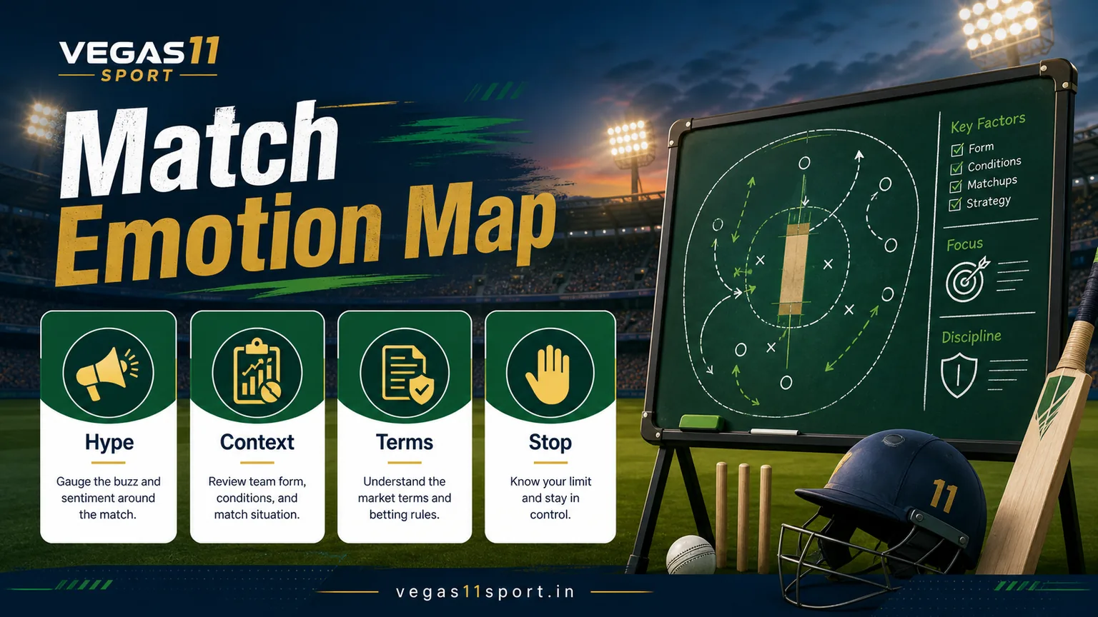 Vegas11 Sport illustration showing a match emotion map for hype, context, terms, and stop points.