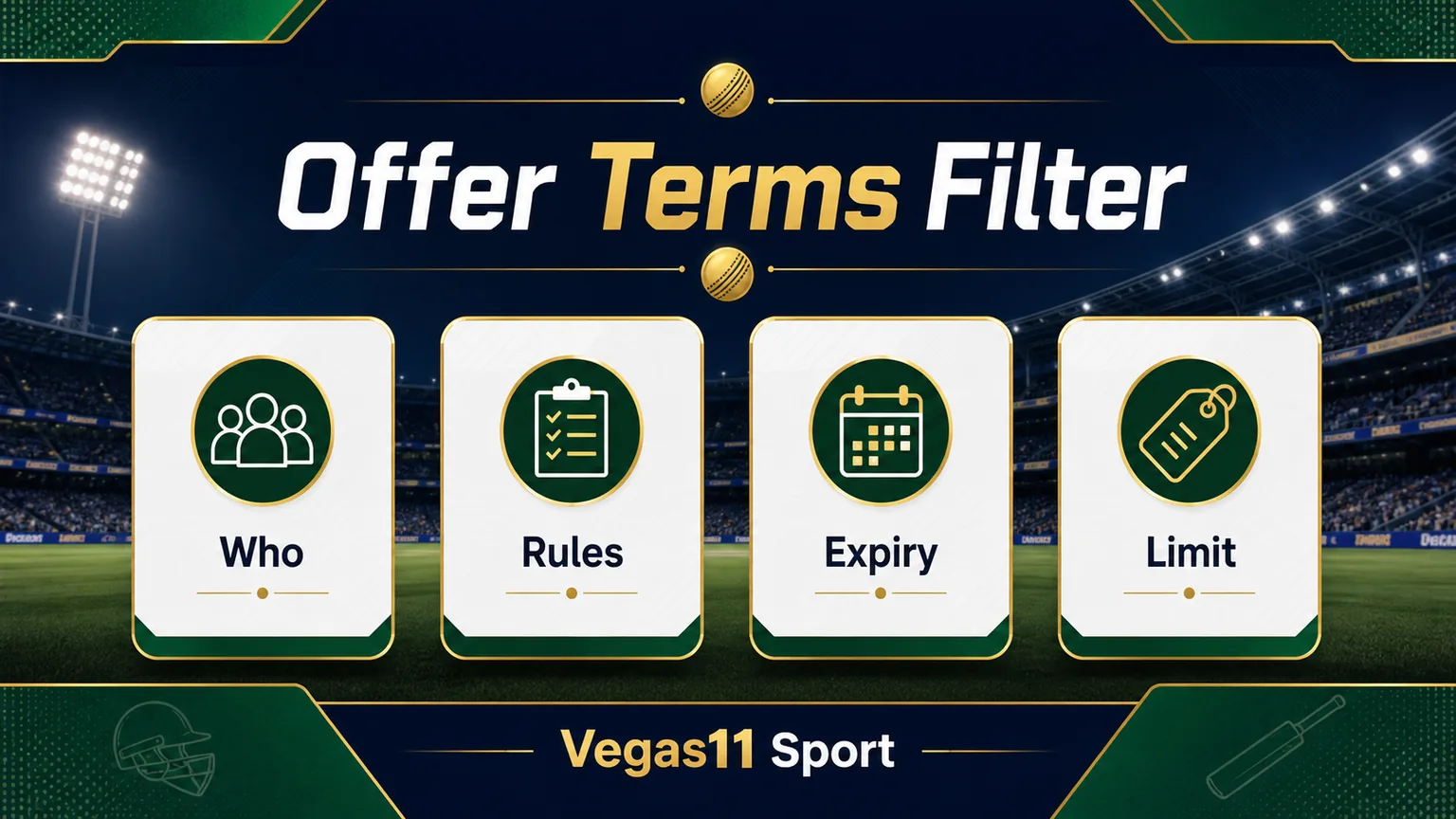Vegas11 Sport illustration showing an offer terms filter with who, rules, expiry, and limit cues.