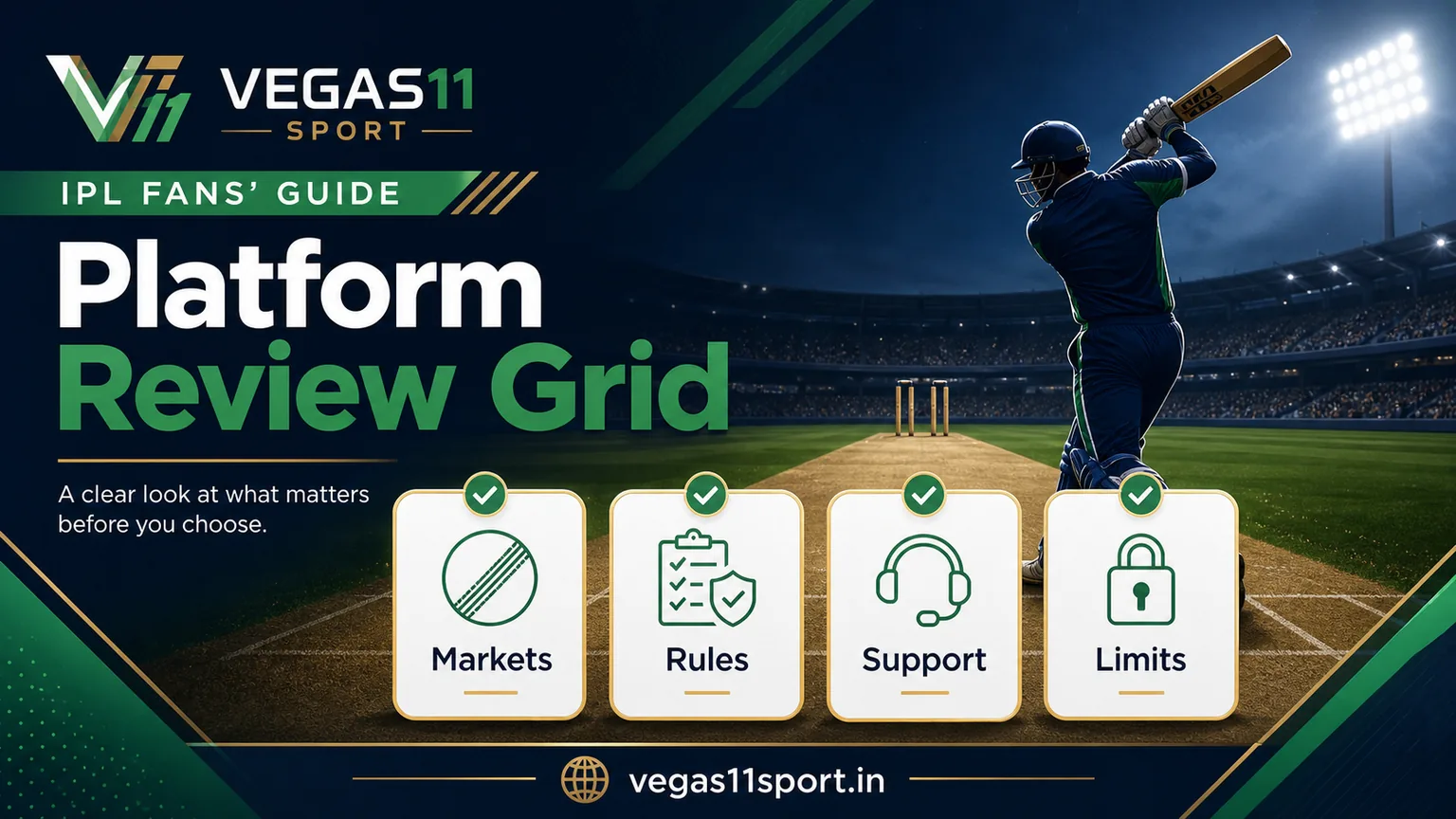 Vegas11 Sport illustration showing a platform review grid with markets, rules, support, and limits.