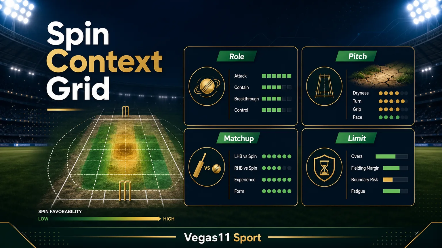 Vegas11 Sport illustration showing a spin context grid for role, pitch, matchup, and limit.