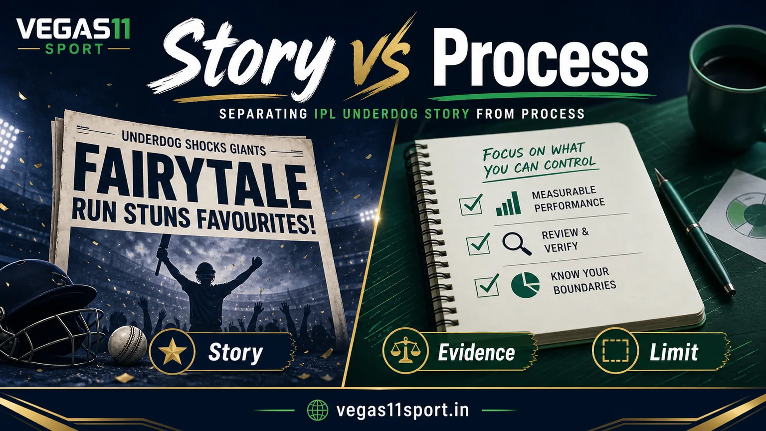 Vegas11 Sport illustration comparing underdog story and review process.
