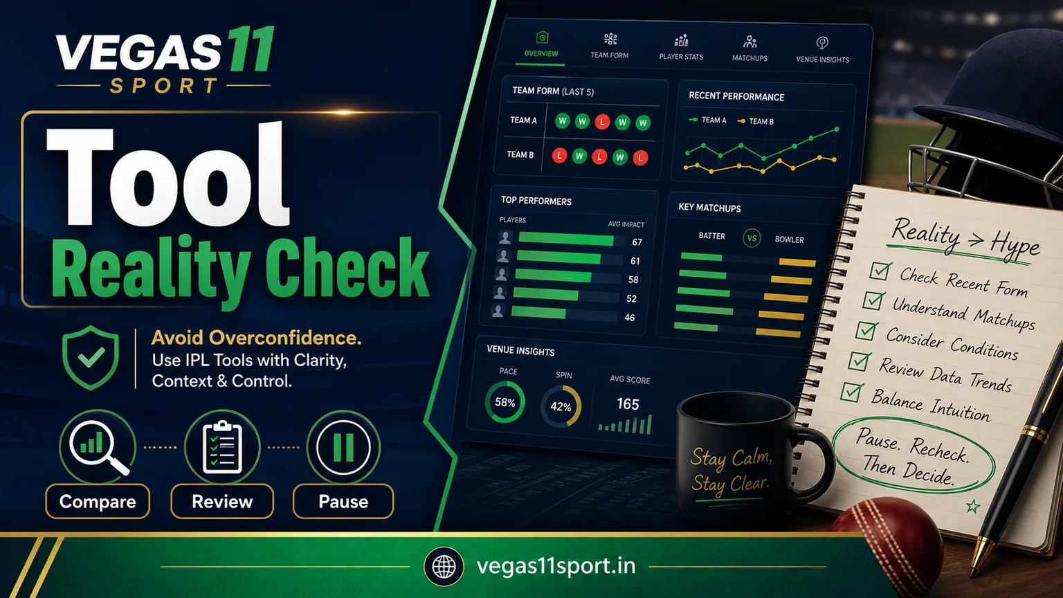 Vegas11 Sport illustration showing a tool reality check with compare, review, and pause cues.