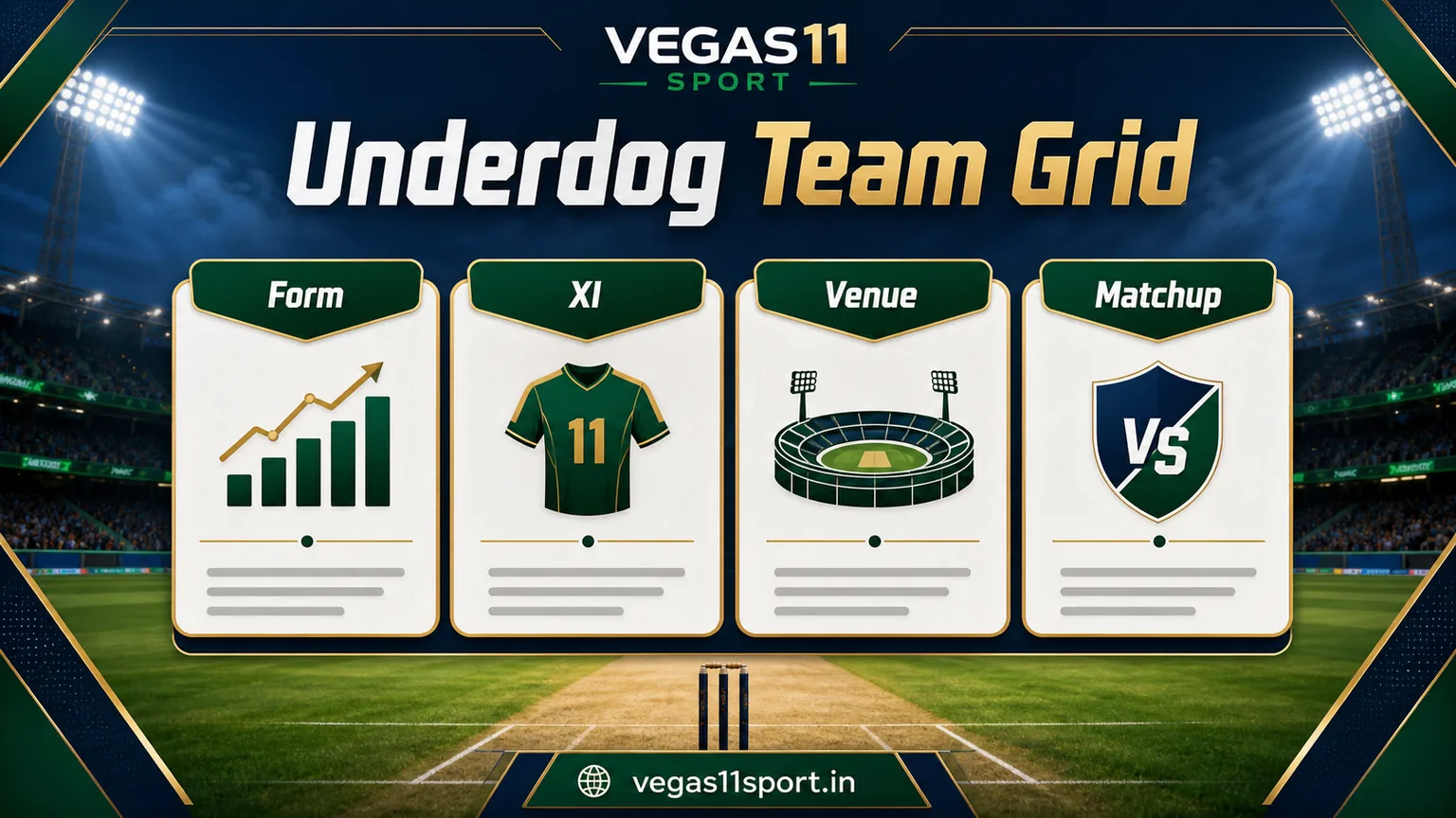 Vegas11 Sport illustration showing an underdog team grid for form, XI, venue, and matchup.