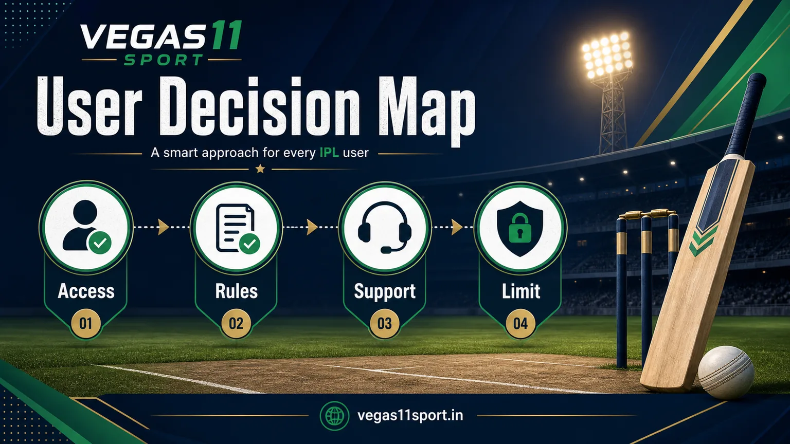 Vegas11 Sport illustration showing a user decision map with access, rules, support, and limit steps.