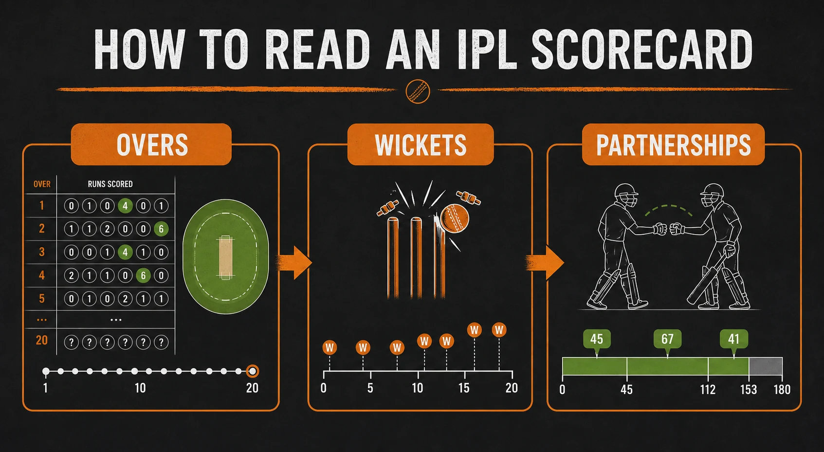 OVERS · WICKETS · PARTNERSHIPS diagram for How to Read an IPL Scorecard: Runs, Overs, Wickets, and Partnerships