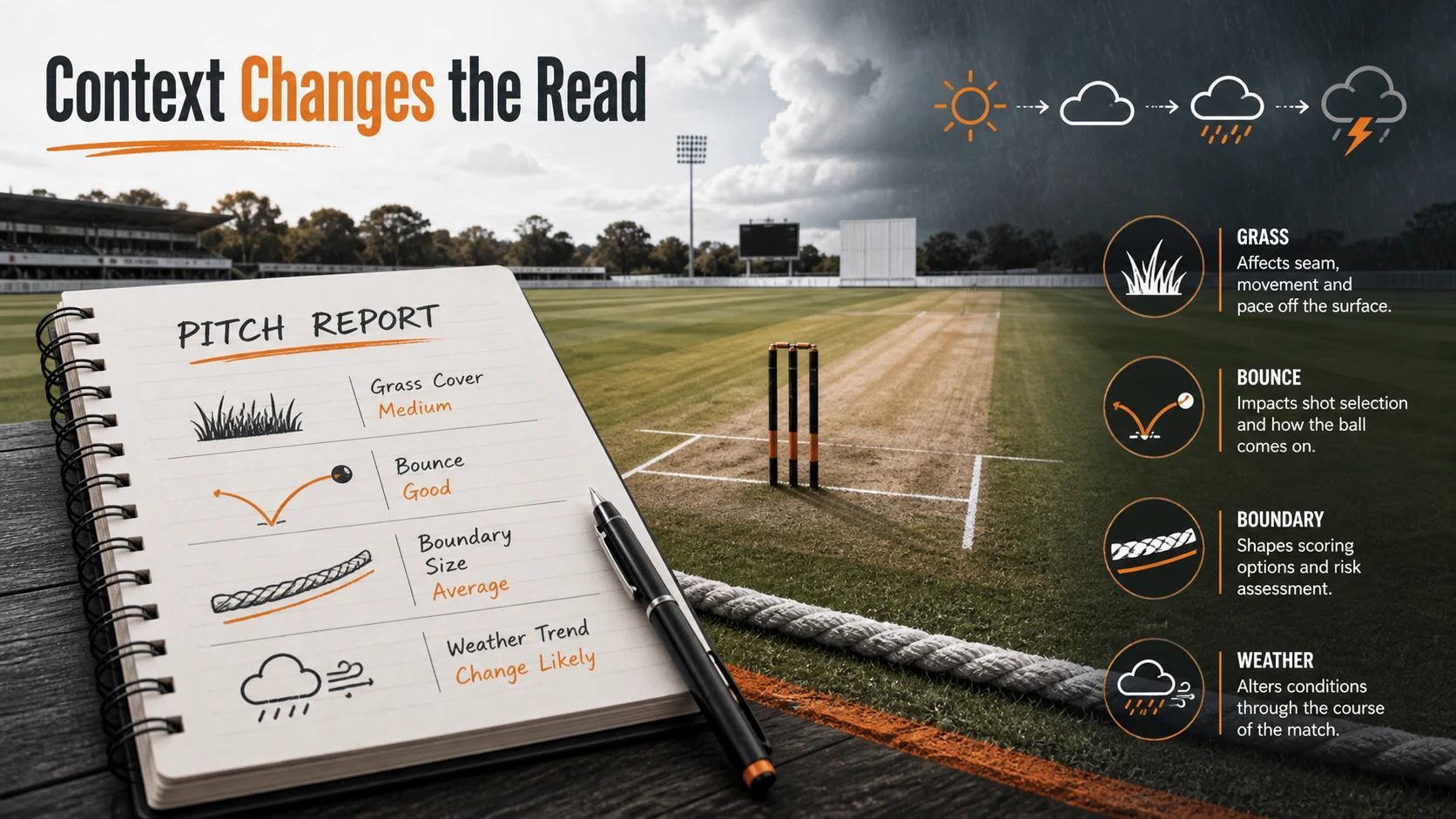 pitch reports context diagram for How to Read a Cricket Pitch Report: Surface, Bounce, Boundary, and Match Context