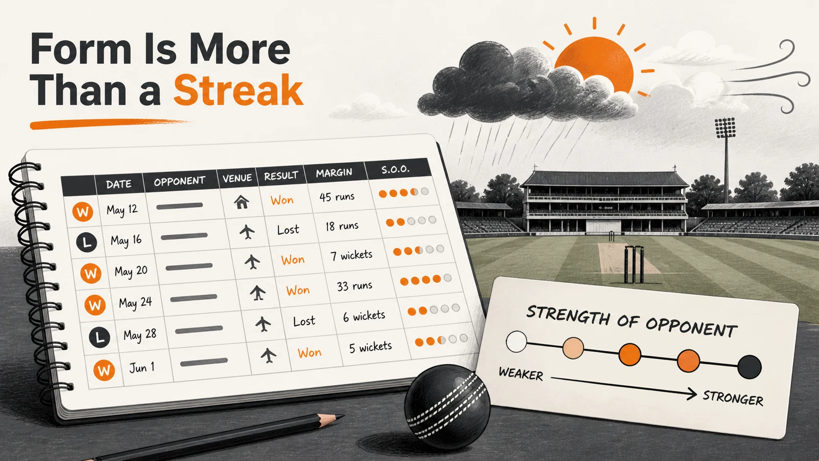 team form context diagram for T20 Team Form Guide: Compare Recent Results, Opponent Strength, and Conditions